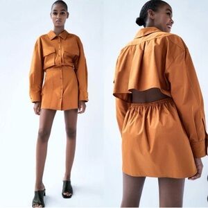 ZARA Poplin Shirt-Dress With Pockets Brown NWOT